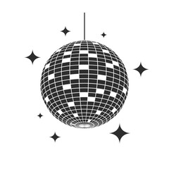 Disco ball or mirror ball icon with shining stars. Element of lighting design for dance floors and discos, nightclub party. Sphere covered with many flat mirrors. Flat icon. Vector. - obrazy, fototapety, plakaty