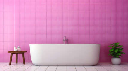 Pink tile wall chequered background bathroom floor - obrazy, fototapety, plakaty