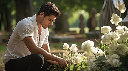 Man  mourning at a funeral in a cemetery