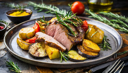 thinly sliced black pork neck with grilled winter vegetables and rosemary potatoes, Generated image - obrazy, fototapety, plakaty