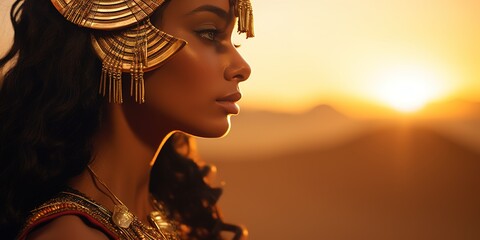 A detailed profile of Cleopatra, her skin glowing in the golden hues of an Egyptian sunset, adorned with intricate gold jewelry, as the pyramids cast long shadows in the distance