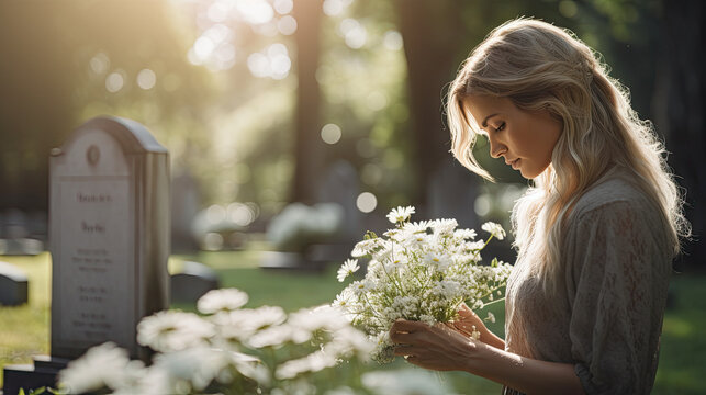 Woman mourning at a funeral in a cemetery