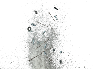 Nail spike Nut bold sharp object under snow on road. Dangerous sharpen nail glass object hidden in snow. Snow fall with risk accident hazard cover trash garbage debris. Black background isolated