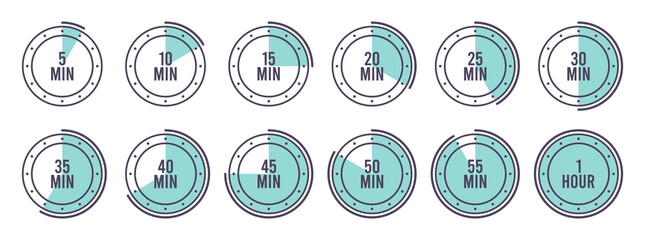 Timer and stopwatch, clock icons. Countdown timer with different time. Stopwatch symbol for cooking or sports clock with minutes. Vector illustration.