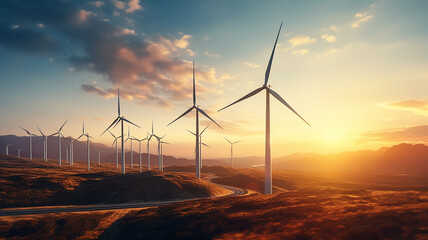 Obraz premium Wind turbines wind energy farm at sunset aerial view.