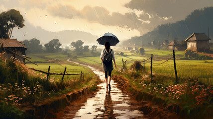 woman holding umbrella walking on rural road on rainy day. - obrazy, fototapety, plakaty