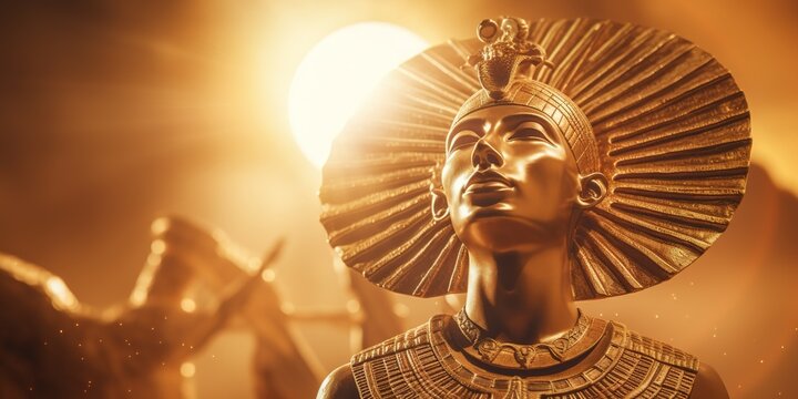 A majestic sculpture of Pharaoh Akhenaten under the sun disc of Aten