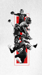 American football players during game, in motion with ball over abstract background. Creative design. Paper texture style © Lustre Art Group 