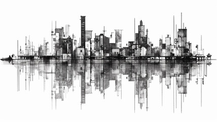 black and white sketch city with reflection drawing in watercolor pencil. - obrazy, fototapety, plakaty