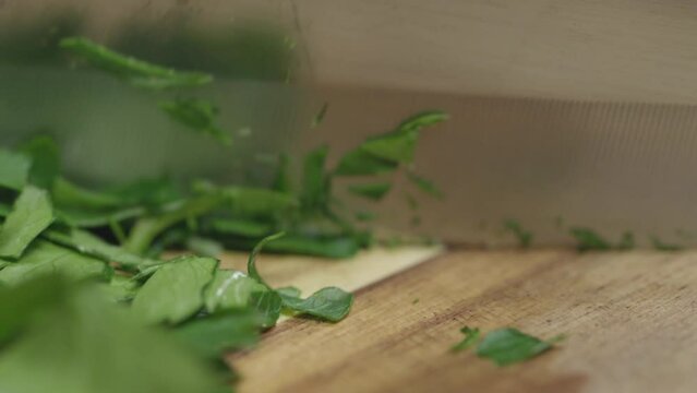 Close-up of chopping flat parley with a knife on a cutting board.Chef at work. No face.