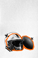 American football ball and helmet over abstract background with line art. Creative design. Paper...
