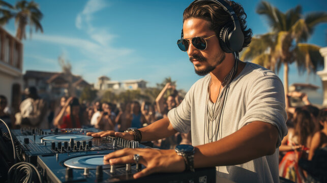 Man DJ in a crowd at outdoors.