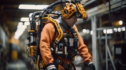 Worker Wearing Advanced Full Body Powered exoskeleton to lift heavy things. Generative AI - obrazy, fototapety, plakaty