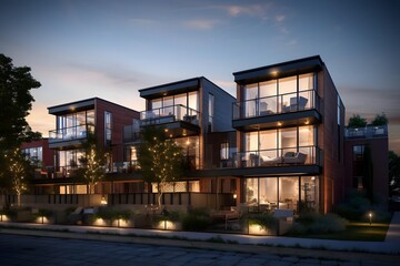 Modern apartment buildings on a beautiful summer evening. Facade of a modern apartment building.