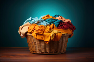 Basket with dirty laundry on floor against blue wall.