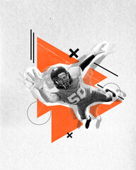 Man, American football player in a jump, catching ball over abstract light background. Creative design. Paper texture style
