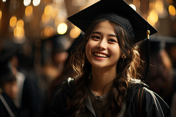 Obraz premium A young female chines graduate against the background of university graduates.