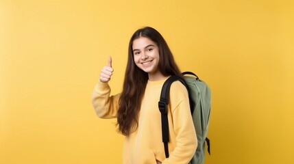 Cheerful School Girl Gesturing Thumbs-Up Smiling To Camera Posing Over Studio Background. I Like School Concept.