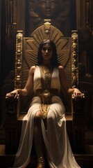Cleopatra, seated on her golden throne, in a grand hall of her palace, her face illuminated by torchlight, as she confidently holds the gaze of visiting Roman dignitaries