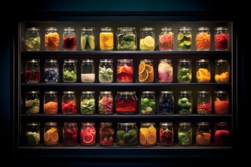 Glass jars with different fruits and vegetables inside, can be used as background