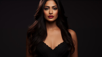 Stylish Indian Woman with Long Hair and Red Lip in Studio