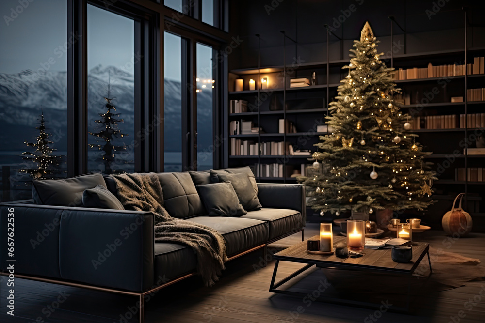 Wall mural stylish living room interior with beautiful fireplace, christmas tree