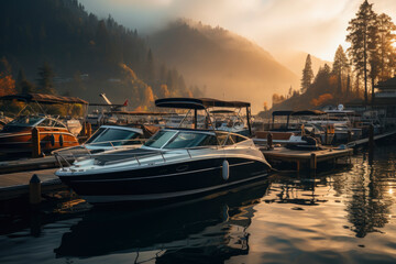 A tranquil lake reflects a yellow sky at dawn, the beauty of nature enhanced by boats in its midst. - obrazy, fototapety, plakaty