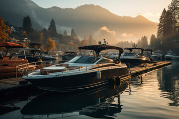 A tranquil lake reflects a yellow sky at dawn, the beauty of nature enhanced by boats in its midst.