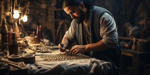 Obraz na płótnie Canvas Craftsmen in an ancient Egyptian workshop, crafting jewelry, and preparing other artifacts for the nobility.