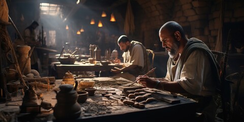 Craftsmen in an ancient Egyptian workshop, crafting jewelry, and preparing other artifacts for the nobility.