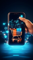 Online shopping concept. Hand holding mobile phone with shopping cart on dark background - obrazy, fototapety, plakaty
