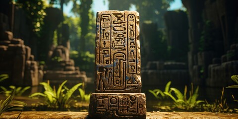 Elaborate hieroglyphics on a stone pillar