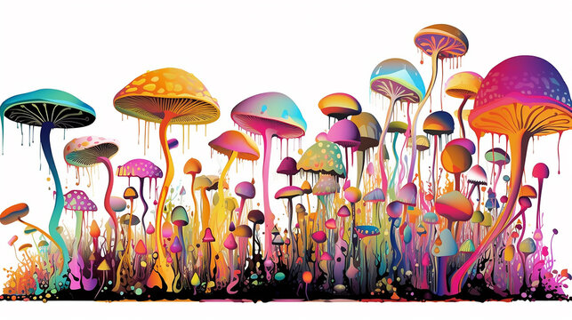 psilocybin hallucinogenic mushrooms multicolored illustration design isolated on a white background.