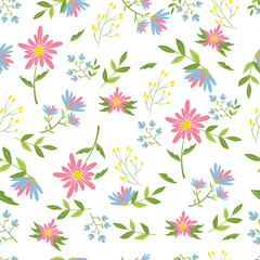 Fototapeta na wymiar Floral pattern in pink and blue flowers with leaves and petals. Bedding, cover, card, pattern, wallpaper. vector illustration