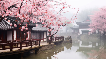 Obraz premium spring landscape with sakura in pink flowers landscape in an ancient Chinese city with a canal and a river.