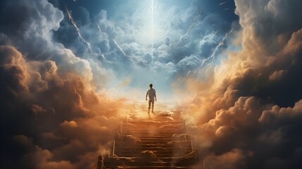 man going to heaven on heaven stairs with clouds and sunlight. Generative AI - obrazy, fototapety, plakaty