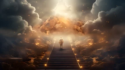 Foto op Canvas man going to heaven on heaven stairs with clouds and sunlight. Generative AI © PSCL RDL
