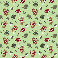 Seamless pattern with drawings of a  bear in a winter hat and sweater, with fir trees and mountains, print design