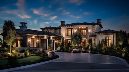 Panoramic view of modern luxury house with garage and driveway.