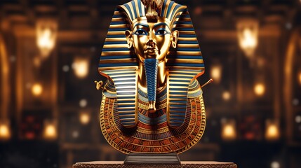 Golden mask of King Tutankhamun gleaming in torchlight