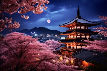 A beautiful night in ancient Kyoto, filled with cherry blossoms decorating the sky. Generative AI