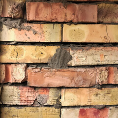 A textured old brick wall made of various uneven bricks, with concrete visible underneath. Photo background with natural texture.