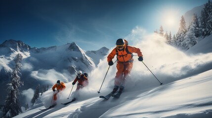 group of young skiers in the Alps mountains. Mother and children skiing in winter. Generative AI