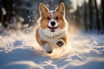a cute happy-looking adult corgi dog running through the snowy terrain in the countryside, looking into the camera, low-angle shot
