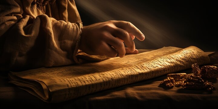 Hovering over an ancient papyrus scroll, a historian, with gloved hands, delicately reads the writings, discovering the personal diary of a queen detailing her life and secrets