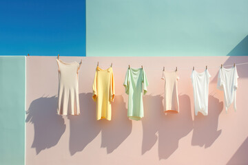laundry day. laundry hanging on a line, surreal style in pastel colors. free space for text