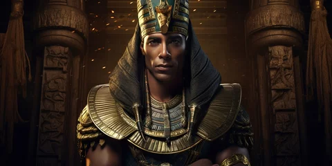 Fotobehang King Menes, the first pharaoh of unified Egypt, captured in a solemn portrait with the crown of Upper and Lower Egypt © EOL STUDIOS