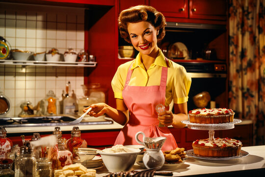 Femme dans sa cuisine, en train de cuisiner, dans les ann&eacute;es 1950