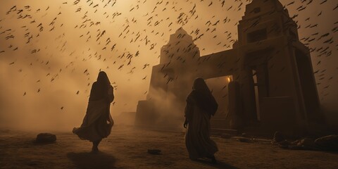 Locusts casting vast and ominous shadows on a desert temple, their numbers so immense that they seem like a moving sandstorm - obrazy, fototapety, plakaty