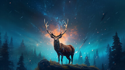 fantastic landscape lone deer fantasy style. dream fairy tale magic art.